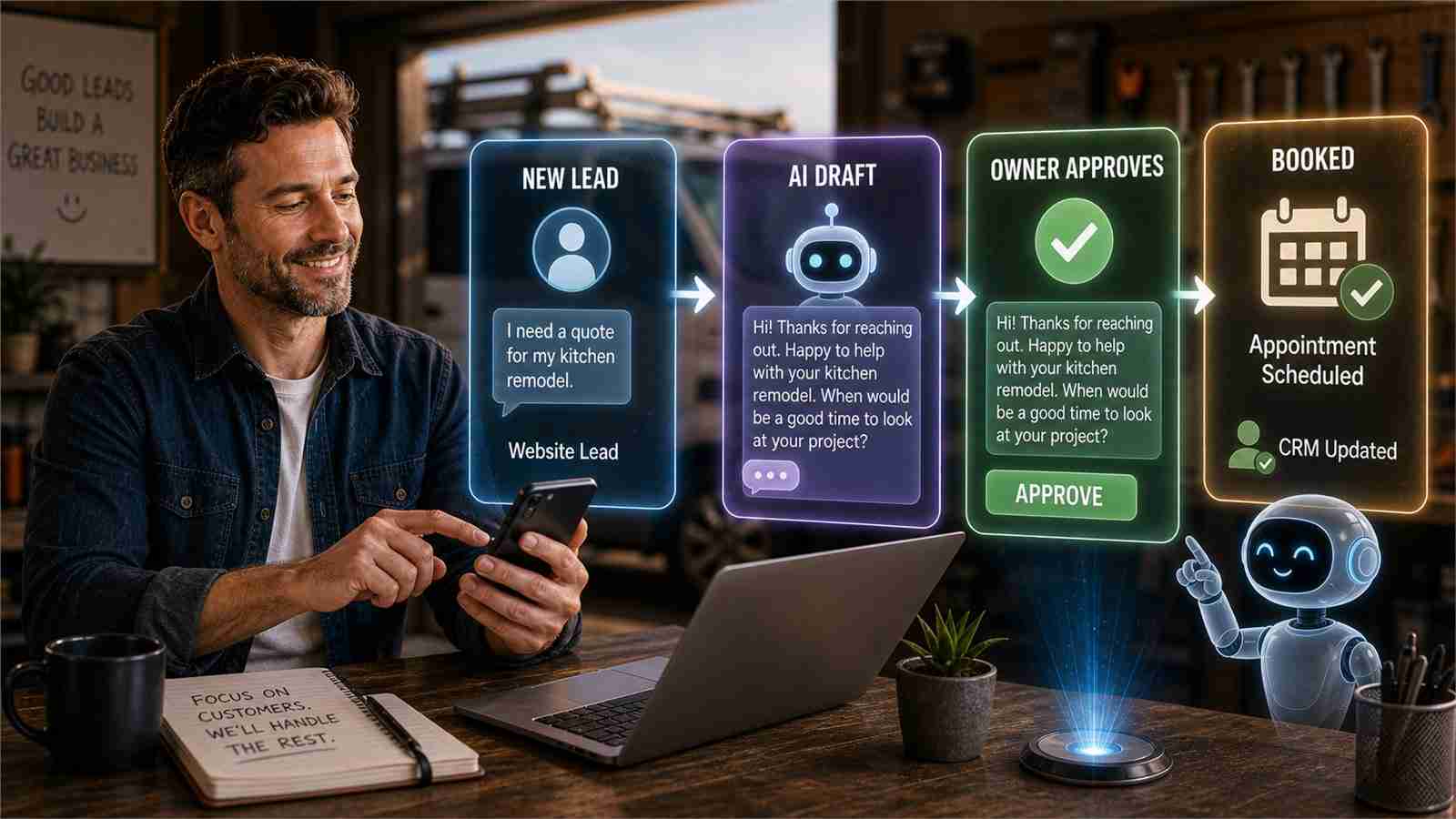 Small business owner approving an AI drafted lead follow-up before booking an appointment