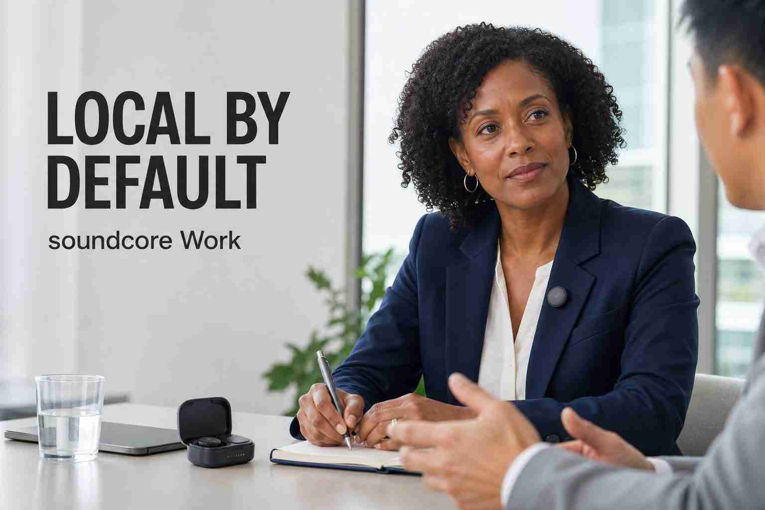 soundcore Work local-by-default wearable AI voice recorder used in a client meeting